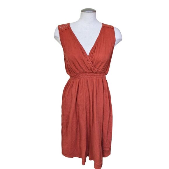 Eddie Bauer Dress Terracotta Orange Medium Gauzy Crossover Lace Stretch Waist - Picture 1 of 8